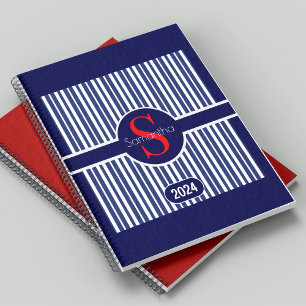 Stijlvol marineblauw rood gestreepte initiaal mono planner