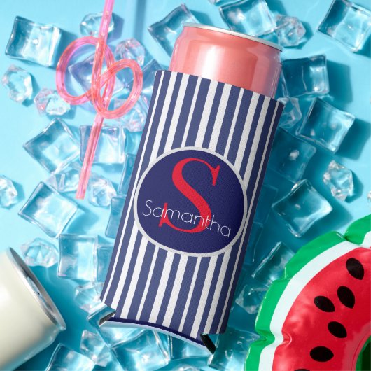 Stijlvol marineblauw rood gestreepte initiaal mono seltzer blikjeskoeler (Insitu Zomer)