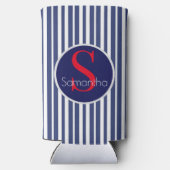 Stijlvol marineblauw rood gestreepte initiaal mono seltzer blikjeskoeler (Achterkant)