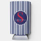 Stijlvol marineblauw rood gestreepte initiaal mono seltzer blikjeskoeler (Voorkant)