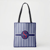 Stijlvol marineblauw rood gestreepte initiaal mono tote bag (Voorkant)