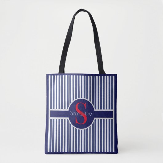 Stijlvol marineblauw rood gestreepte initiaal mono tote bag (Voorkant)