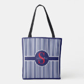 Stijlvol marineblauw rood gestreepte initiaal mono tote bag (Achterkant)