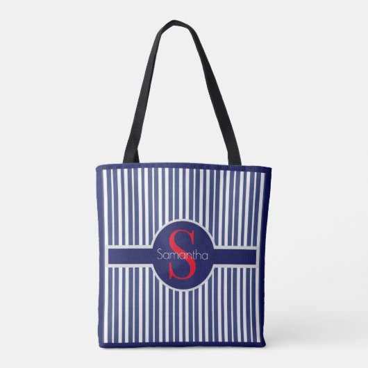 Stijlvol marineblauw rood gestreepte initiaal mono tote bag (Achterkant)