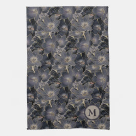 Stijlvol marinemonogram voor Nachtblauw Floral Pat Theedoek