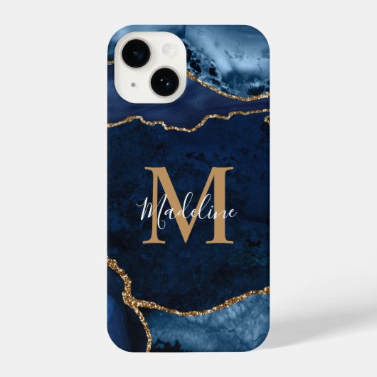 Stijlvol marinesonblauw agate Geode Gold Script-mo iPhone Hoesje (Achterkant)