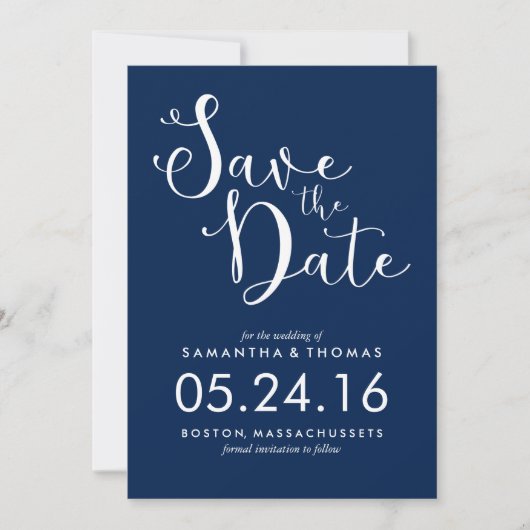 Stijlvol marinesonblauw script bruiloft datum opsl save the date (Voorkant)