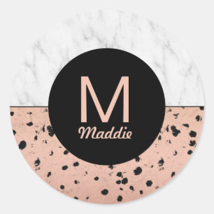 Stijlvol Marmer en Roos Gouden Patroon met Monogra Ronde Sticker