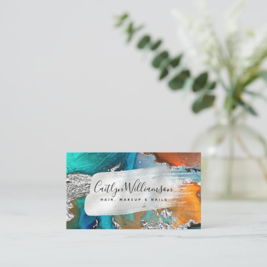 Stijlvol marmer waterverf Silver Turquoise script Visitekaartje (Staand voorkant)