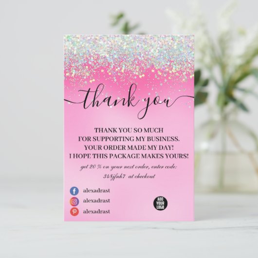 Stijlvol meisje met roze glitter Hartelijk dank Bedankkaart (Staand voorkant)