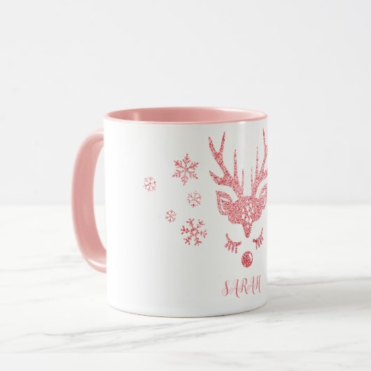 Stijlvol meisje Roze Snowflakes Reindekerst Mok (Voorkant links)