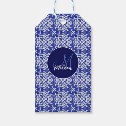 Stijlvol meisjesblauw grijs initiaal monogram cadeaulabel (Voorkant)