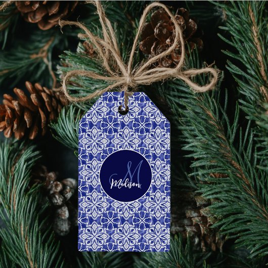 Stijlvol meisjesblauw grijs initiaal monogram cadeaulabel