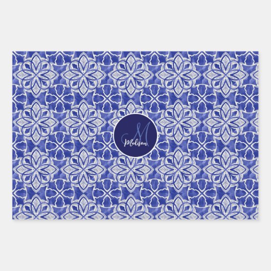 Stijlvol meisjesblauw grijs initiaal monogram inpakpapier vel (Voorkant)