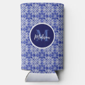 Stijlvol meisjesblauw grijs initiaal monogram seltzer blikjeskoeler (Achterkant)