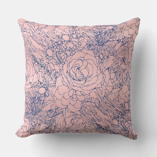 Stijlvol Metallic Navy Blue en Roze Floral Design Kussen (Voorkant)