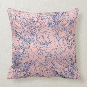 Stijlvol Metallic Navy Blue en Roze Floral Design Kussen