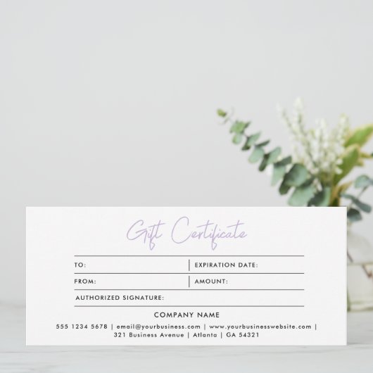 Stijlvol minimalistisch modern Paarse cadeaubon (Staand voorkant)