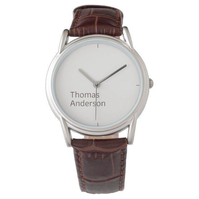 Stijlvol minimalistisch tekstontwerp op wit horloge (Voorkant)