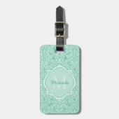 Stijlvol Mint Green Damask Monogram met naam Bagagelabel (Voorkant verticaal)