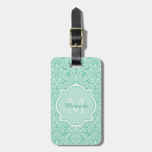 Stijlvol Mint Green Damask Monogram met naam Bagagelabel (Voorkant verticaal)