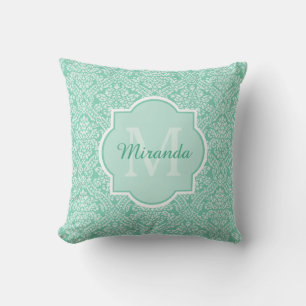 Stijlvol Mint Green Damask Monogram met naam Kussen