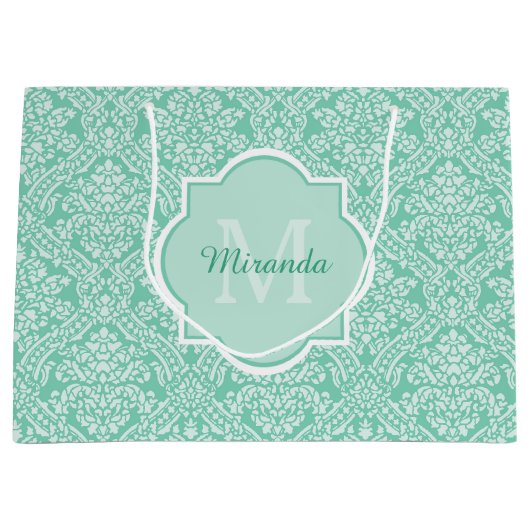 Stijlvol Mint Green Damask Monogram met naam Large Cadeautasje (Voorkant)