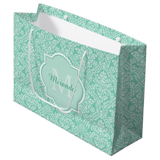 Stijlvol Mint Green Damask Monogram met naam Large Cadeautasje (Voorkant Gekanteld)
