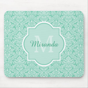 Stijlvol Mint Green Damask Monogram met naam Muismat
