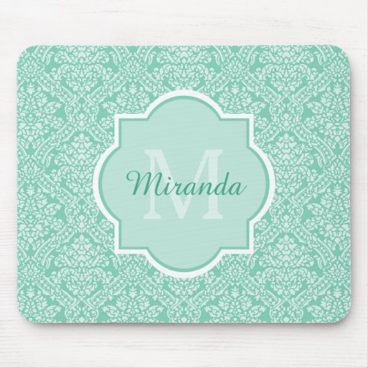 Stijlvol Mint Green Damask Monogram met naam Muismat (Voorkant)