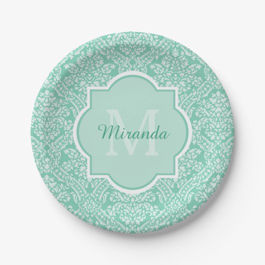 Stijlvol Mint Green Damask Monogram met naam Papieren Bordje (Voorkant)