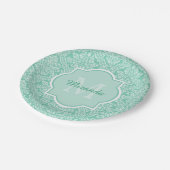 Stijlvol Mint Green Damask Monogram met naam Papieren Bordje (Gekanteld)