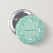 Stijlvol Mint Green Damask Monogram met naam Ronde Button 5,7 Cm (Voorkant /achterkant)