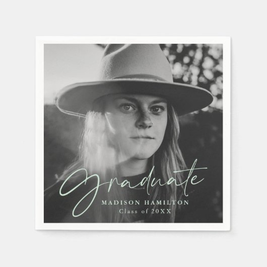 Stijlvol Mint Green Script Photo Afstuderen Servet (Voorkant)