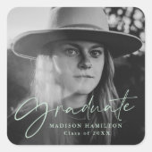 Stijlvol Mint Green Script Photo Afstuderen Vierkante Sticker (Voorkant)