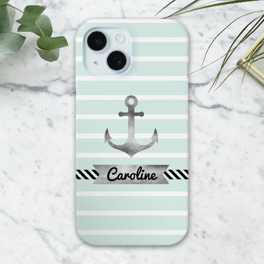 Stijlvol Mint Green Stripes Waterverf Anchor Case-Mate iPhone Case