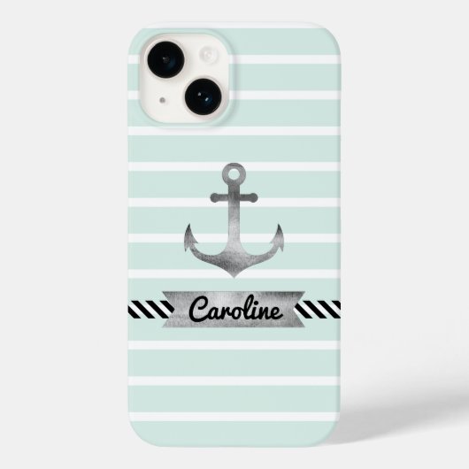 Stijlvol Mint Green Stripes Waterverf Anchor Hoesj Case-Mate iPhone Case (Achterkant)