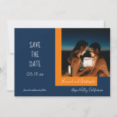 Stijlvol modern blauw Oranje fotohuwelijk Save The Date (Voorkant)