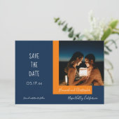 Stijlvol modern blauw Oranje fotohuwelijk Save The Date (Staand voorkant)