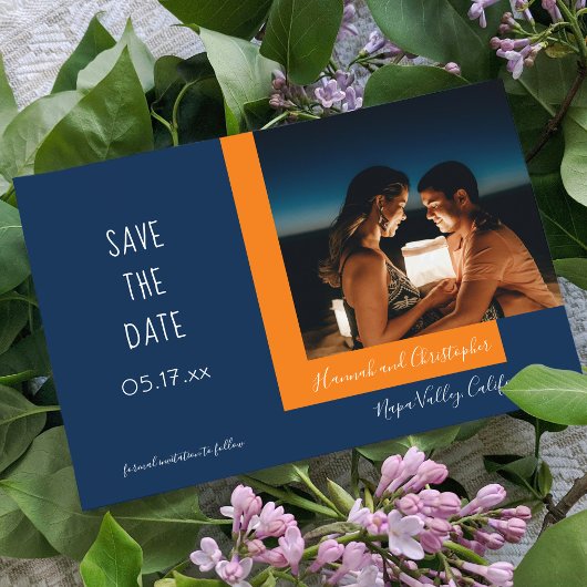 Stijlvol modern blauw Oranje fotohuwelijk Save The Date
