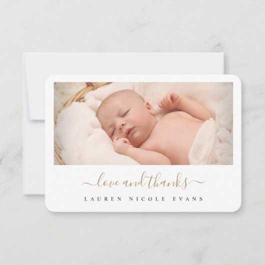 Stijlvol, modern Gold Script Photo-Baby shower Bedankkaart (Voorkant)