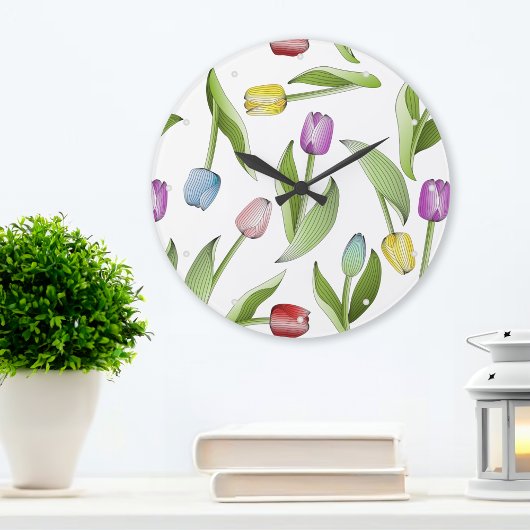 Stijlvol modern kleurrijk tulp bloempatroon grote klok