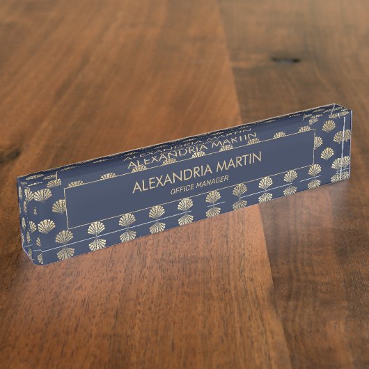 Stijlvol modern marineblauw goudstrand naambordje (Zijkant)