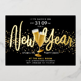 Stijlvol Modern Nieuwjaar Champagne Confetti Zwart Folie Feestdagenkaart