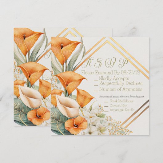 Stijlvol modern Oranje en Ivory Calla Lily RSVP Notitiekaartje (Voorkant / Achterkant)