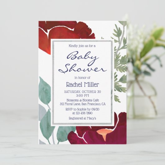 Stijlvol Modern Red Waterverf Floral Baby shower Kaart (Staand voorkant)
