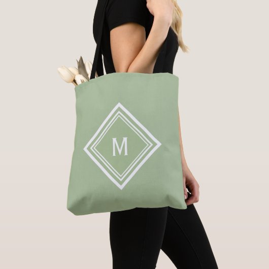 Stijlvol modern Sage Green Custom Monogram Tote Bag (Dichtbij)