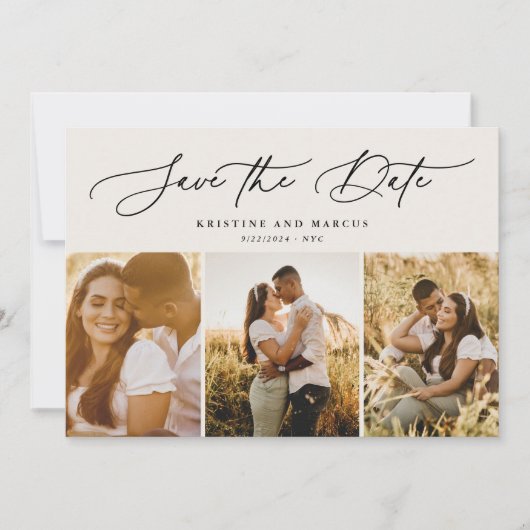 Stijlvol modern script, 3-Photo Multi Beige Save The Date (Voorkant)