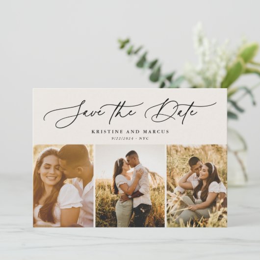 Stijlvol modern script, 3-Photo Multi Beige Save The Date (Staand voorkant)