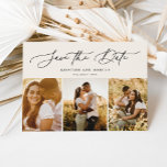 Stijlvol modern script, 3-Photo Multi Beige Save The Date<br><div class="desc">Deze elegant bewaart de datumeigenschappen 3 foto's met gracieus modern calligrafiekmanuscript. Voeg extra details aan de rug toe.</div>